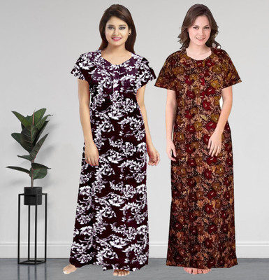 AakarShana Women Nighty Set(Maroon, Gold)