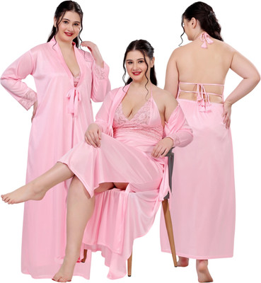 THUMKA Women Nighty with Robe(Pink)