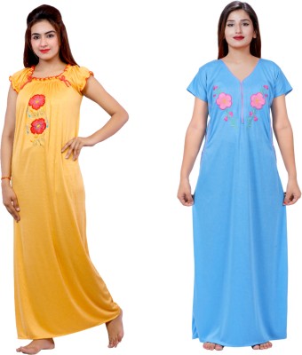 NACNO Women Nighty Set(Yellow, Light Blue)