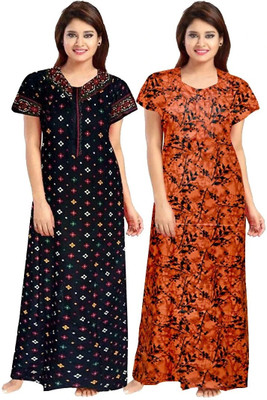 KrishvProducts Women Nighty(Orange, Black)