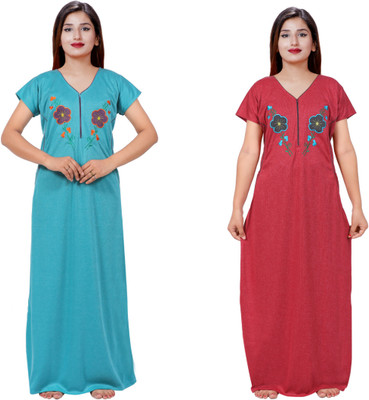 NACNO Women Nighty Set(Green, Maroon)