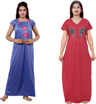 NACNO Women Nighty(Blue, Maroon)