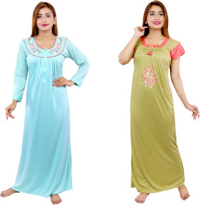 NACNO Women Nighty(Light Blue, Green)