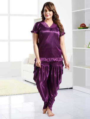 MARDIA Women Solid Purple Night Suit Set