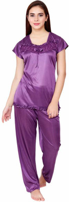 Cotovia Women Solid Purple Top & Pyjama Set