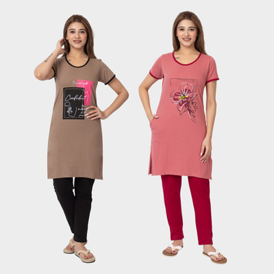 GEE 5 Women Graphic Print Beige, Pink Top & Pyjama Set