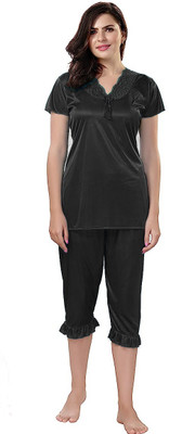 Nightdoll Women Solid Black Top & Capri Set