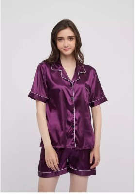 VDC FASHION HUB Women Self Design Purple Night Suit Set