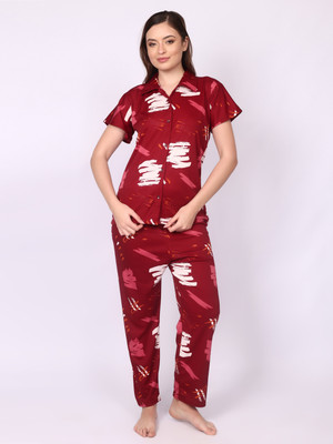 Nightify Women Printed Maroon Shirt & Pyjama set