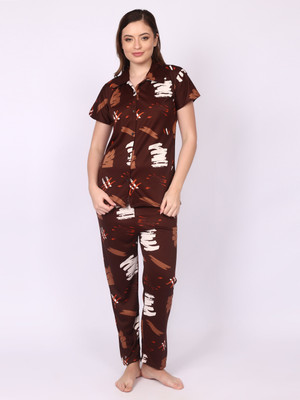 Nightify Women Printed Brown Shirt & Pyjama set
