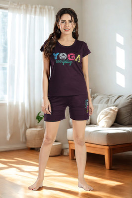 Be You Women Printed Purple Top & Shorts Set