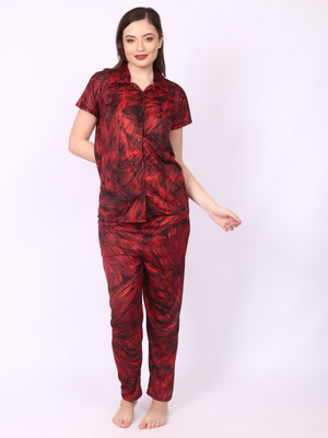 Nightify Women Self Design Red Shirt & Pyjama set