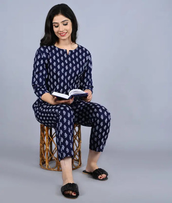 FROEBEL Women Floral Print Dark Blue Night Suit Set