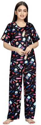 Exitro Women Printed Black Top & Pyjama Set