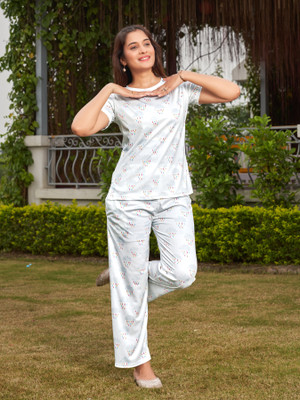 SPGR Women Printed White Night Suit Set