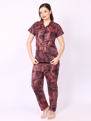 Nightify Women Self Design Orange Shirt & Pyjama set
