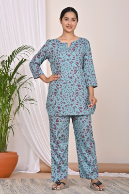 Goyal Fashion Women Printed Blue Top & Pyjama Set