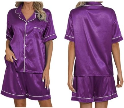 VC FASHION HUB Women Solid Purple Night Suit Set