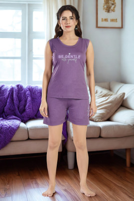 Nightify Women Printed Purple Top & Shorts Set