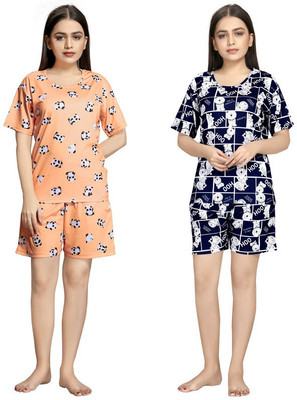 ANFAFAB Women Printed Multicolor Top & Shorts Set