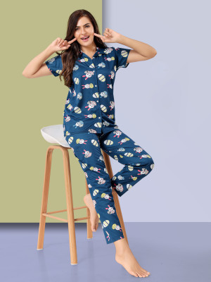 capasino Women Printed Blue Shirt & Pyjama set