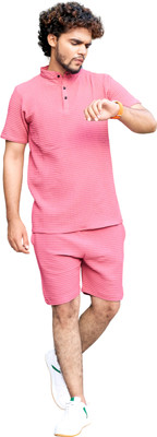 SANTENTERPRISE Men Solid Pink Night Suit Set