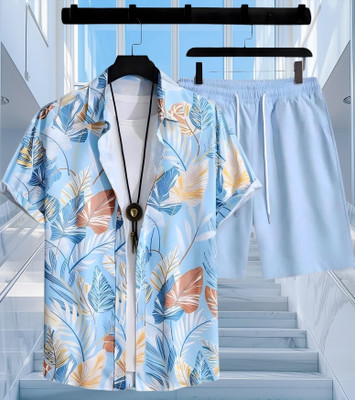 Varni Creation Men Printed Light Blue Night Suit Set
