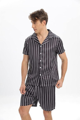 MUMIN Men Printed Black Shirt & Pyjama set
