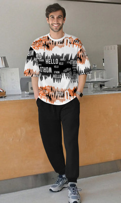TRIPR Men Printed White, Black Night Suit Set