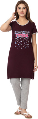 GEE 5 Women Graphic Print Maroon Top & Pyjama Set