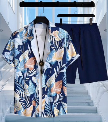 THEBROSSCO Men Printed Dark Blue Top & Shorts Set