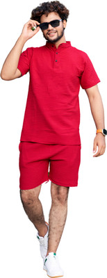 SANTENTERPRISE Men Solid Red Night Suit Set
