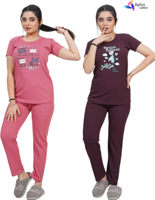 Aplus outfitter Women Graphic Print Pink, Maroon Top & Pyjama Set