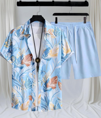 Varni Creation Men Printed Light Blue Night Suit Set
