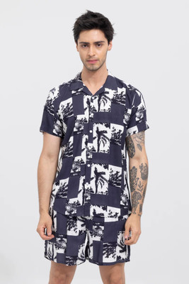 MUMIN Men Printed Blue Shirt & Pyjama set