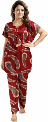 TVESA Women Printed Red Top & Pyjama Set