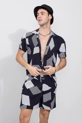 MUMIN Men Printed Black Shirt & Pyjama set