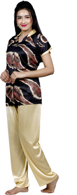 AGGARWAL Women Printed Black, Beige Shirt & Pyjama set