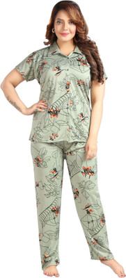 h r creation Women Printed Green Shirt & Pyjama set