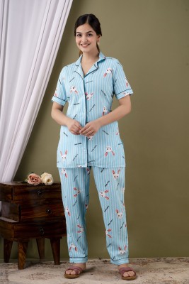Sylenne Creations Women Printed Blue Night Suit Set