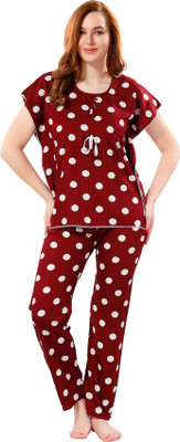 Nightify Women Polka Print Maroon Night Suit Set