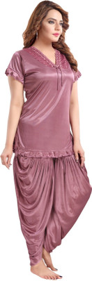 HouseOfCommon Women Solid Purple Night Suit Set