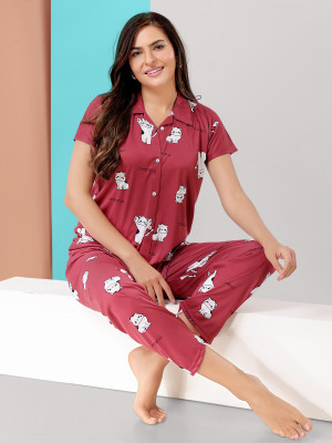 Trade Zone Women Printed Maroon Shirt & Pyjama set