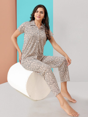 capasino Women Printed Brown Shirt & Pyjama set