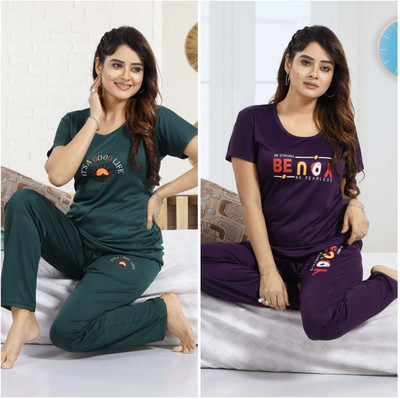 Women Printed Purple Night Suit Set