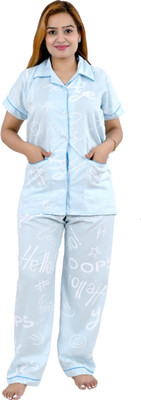 AGGARWAL Women Printed Light Blue Shirt & Pyjama set