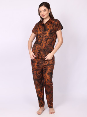 Nightify Women Self Design Brown Shirt & Pyjama set