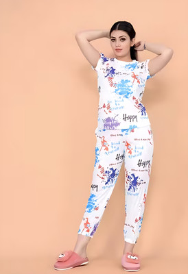 Mertens Women Printed White Night Suit Set