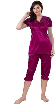 Nightdoll Women Solid Pink Top & Capri Set