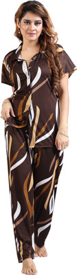 capasino Women Printed Brown Shirt & Pyjama set
